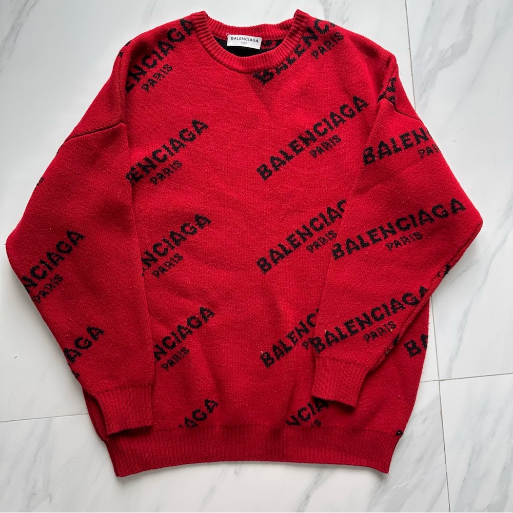 BALENCIAGA RED LOGO INTARSIA SWEATER